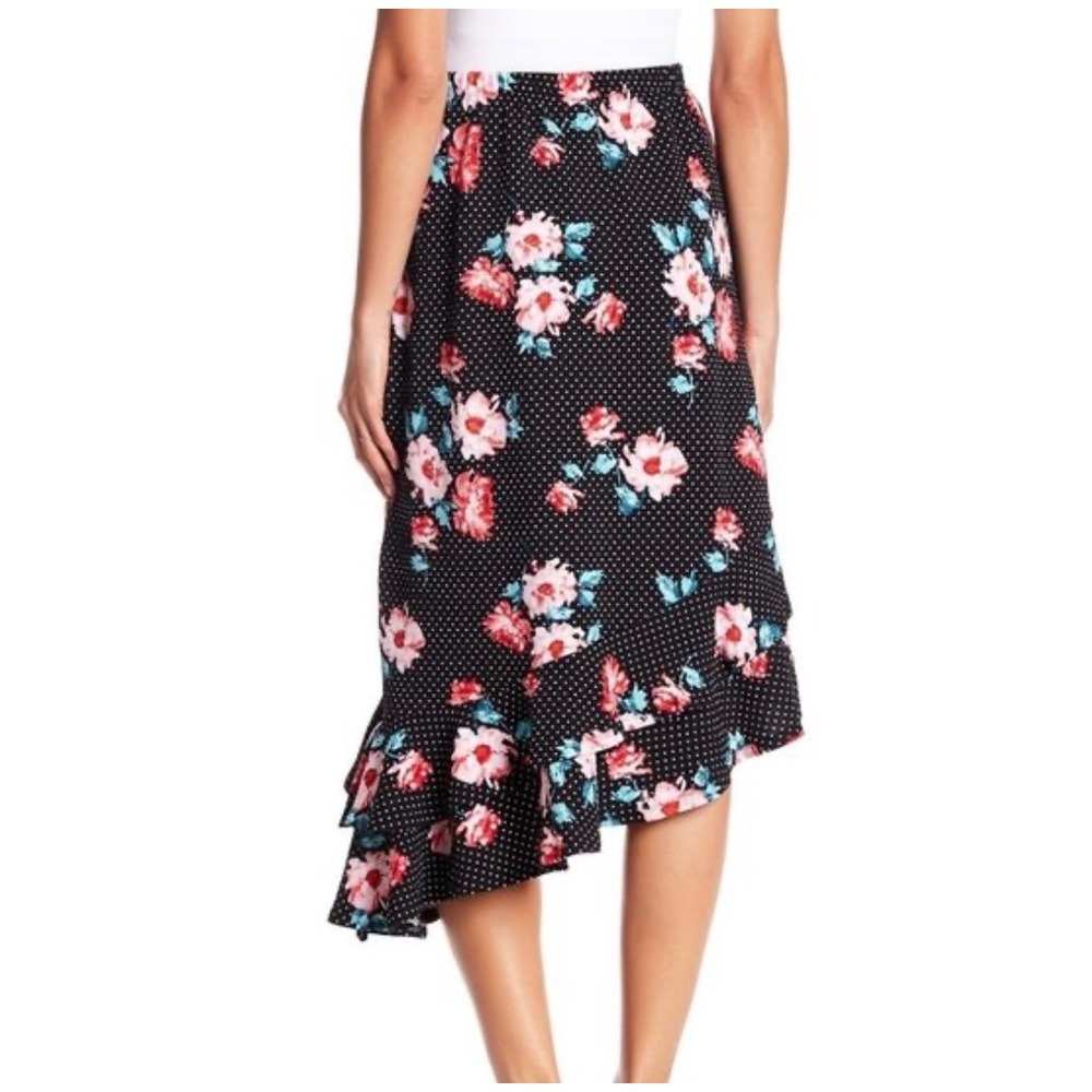 Bobaeu Black Floral Polka Dot Ruffle Asymmetrical Hem Midi‎ Skirt Size M